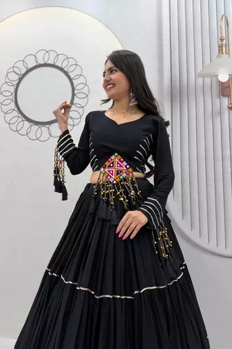 Black Color Gamthi Style Cotton Navratri Lahenga Choli Set