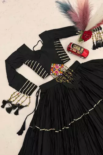 Black Color Gamthi Style Cotton Navratri Lahenga Choli Set