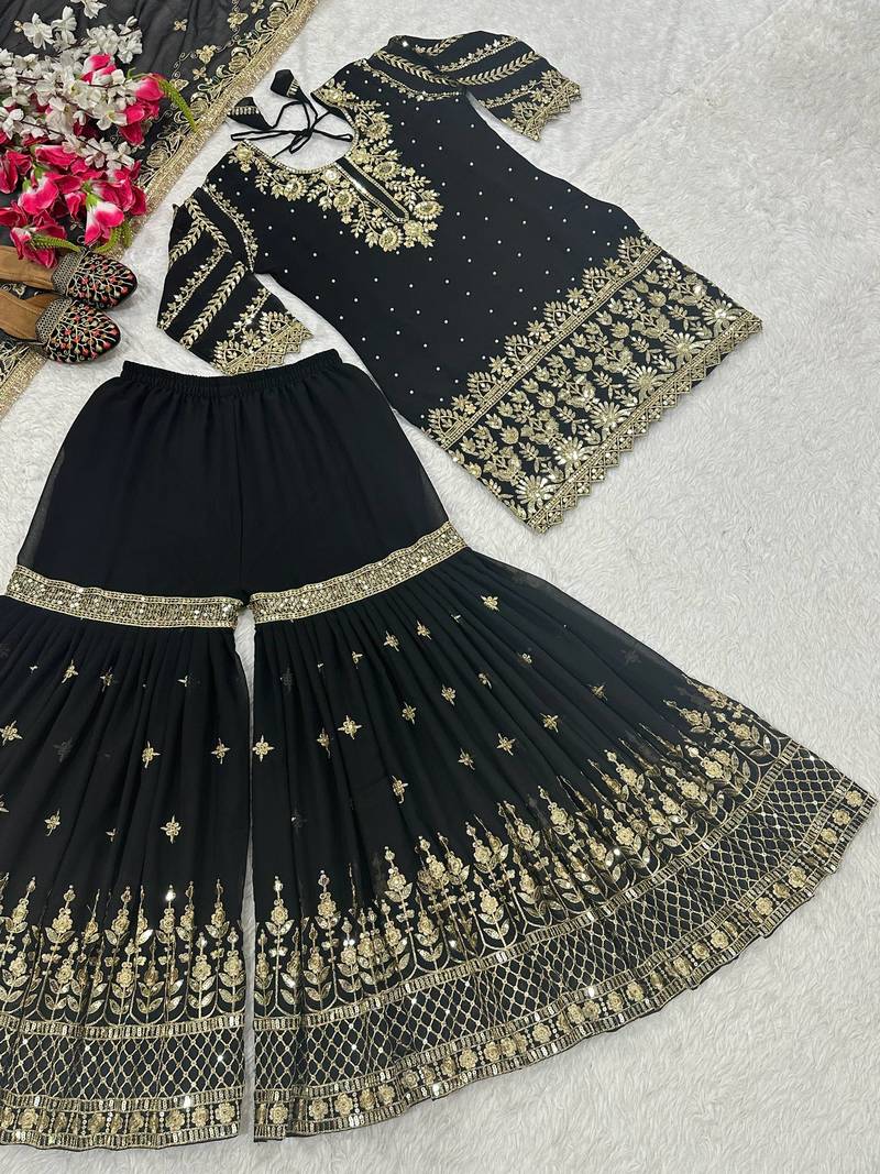 Black Color Sequence And Embroidery Work  faux Georgette Salwar Suit