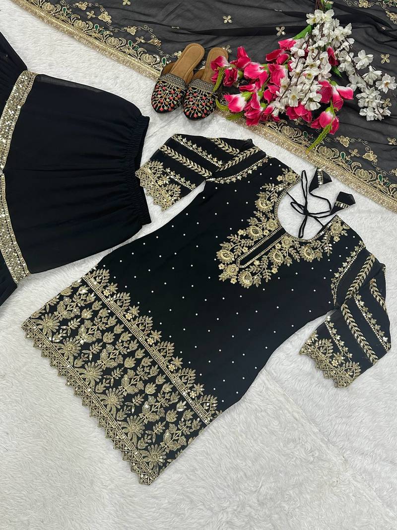 Black Color Sequence And Embroidery Work  faux Georgette Salwar Suit