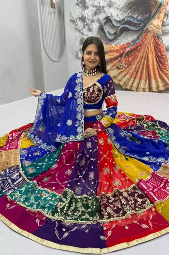 Multi Embroidery Thread & Sequin Work Fox Georgette Navratri Lahenga Choli Set