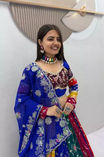 Multi Embroidery Thread & Sequin Work Fox Georgette Navratri Lahenga Choli Set