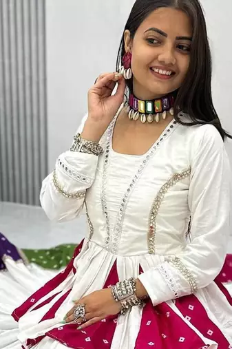 White Silver Lace Cotton Navratri Lahenga Choli Set