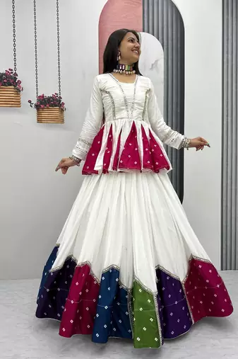 White Silver Lace Cotton Navratri Lahenga Choli Set