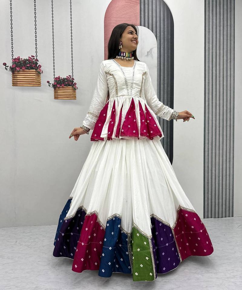 White Silver Lace Cotton Navratri Lahenga Choli Set