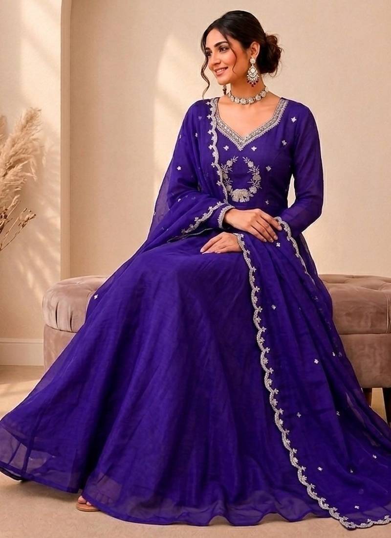 Purple Color Embroidery Work and Sequins Silk Blend Salwar Suit