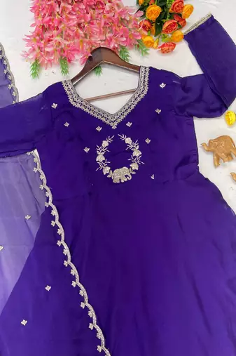 Purple Color Embroidery Work and Sequins Silk Blend Salwar Suit