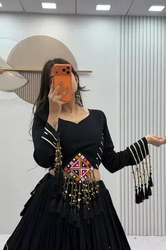 Chaniya choli for navratri Black Cotton with Traditional Mirror Work