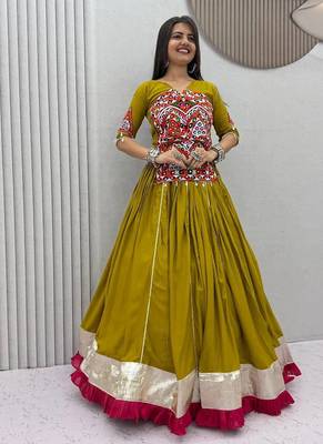Olive Green Pure Cotton Gamthi Mirror Work Kediyu Lehenga Set 1