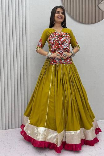Olive Green Pure Cotton Gamthi Mirror Work Kediyu Lehenga Set