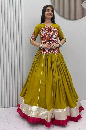 Olive Green Pure Cotton Gamthi Mirror Work Kediyu Lehenga Set