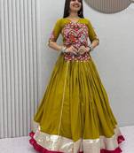 Olive Green Pure Cotton Gamthi Mirror Work Kediyu Lehenga Set