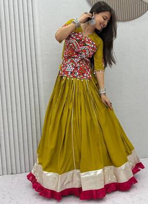 Olive Green Pure Cotton Gamthi Mirror Work Kediyu Lehenga Set 2