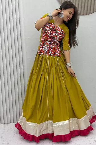 Olive Green Pure Cotton Gamthi Mirror Work Kediyu Lehenga Set