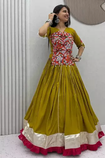 Olive Green Pure Cotton Gamthi Mirror Work Kediyu Lehenga Set