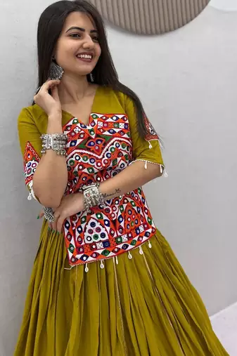 Olive Green Pure Cotton Gamthi Mirror Work Kediyu Lehenga Set