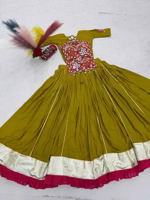Olive Green Pure Cotton Gamthi Mirror Work Kediyu Lehenga Set 5