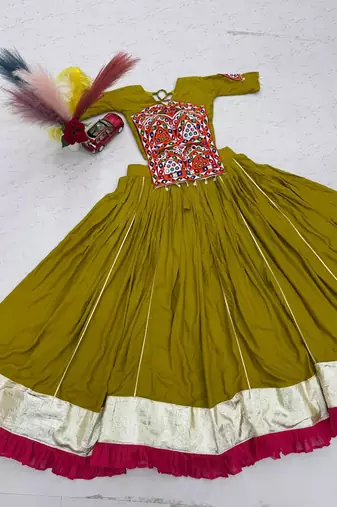 Olive Green Pure Cotton Gamthi Mirror Work Kediyu Lehenga Set