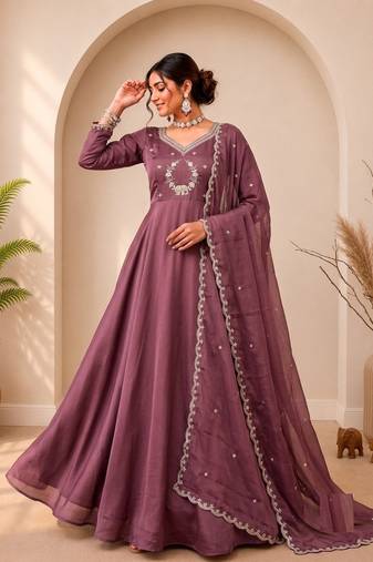 Onion Pink Color Embroidery Work and Sequins Silk Blend Salwar Suit