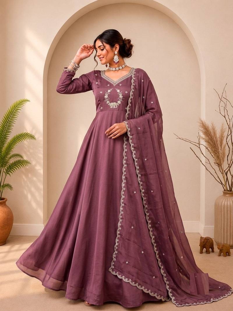 Onion Pink Color Embroidery Work and Sequins Silk Blend Salwar Suit