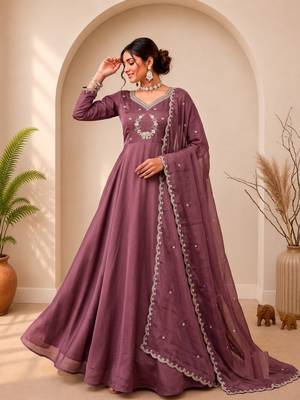 Onion Pink Color Embroidery Work and Sequins Silk Blend Salwar Suit 1