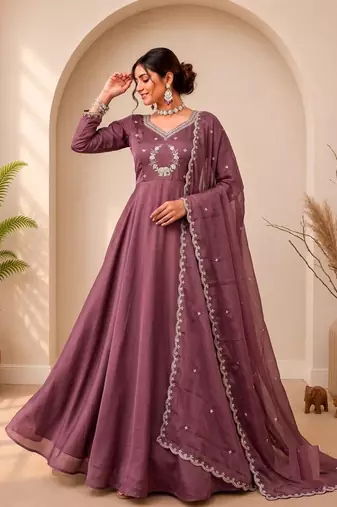 Onion Pink Color Embroidery Work and Sequins Silk Blend Salwar Suit