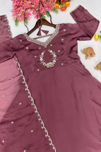 Onion Pink Color Embroidery Work and Sequins Silk Blend Salwar Suit