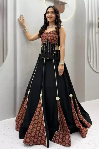 Black Ajarak Print Navaratri Lehenga Choli