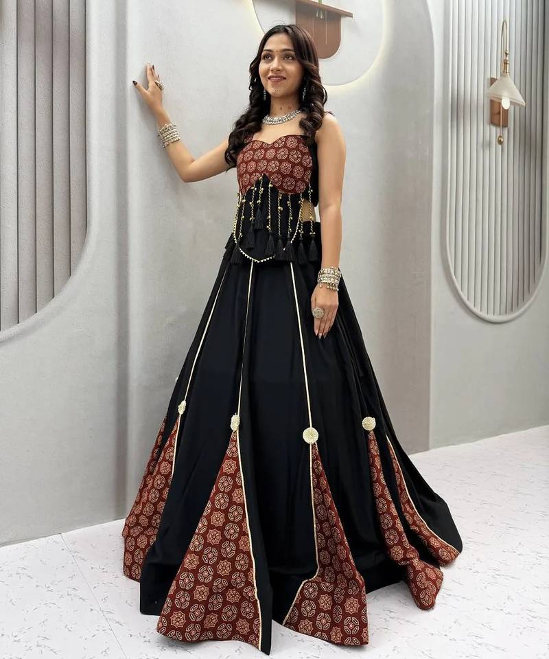 Black Ajarak Print Navaratri Lehenga Choli