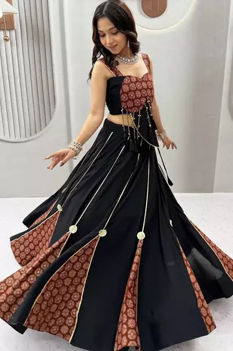 Black Ajarak Print Navaratri Lehenga Choli