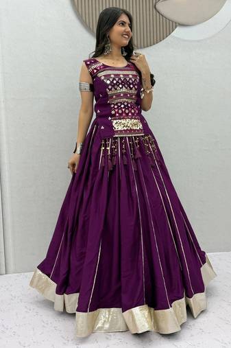Purple Mirror Work Pure Cotton Lehenga Choli Set with Ribbon Work