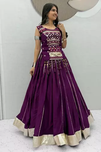 Purple Mirror Work Pure Cotton Lehenga Choli Set with Ribbon Work