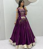 Purple Mirror Work Pure Cotton Lehenga Choli Set with Ribbon Work
