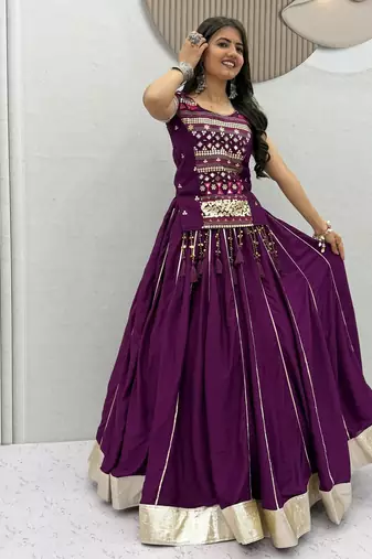 Purple Mirror Work Pure Cotton Lehenga Choli Set with Ribbon Work