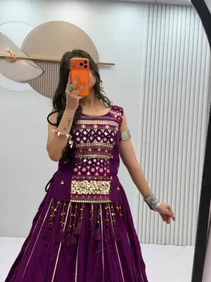 Purple Mirror Work Pure Cotton Lehenga Choli Set with Ribbon Work 3
