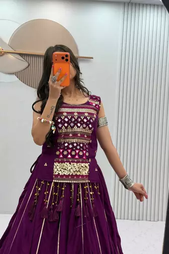 Purple Mirror Work Pure Cotton Lehenga Choli Set with Ribbon Work