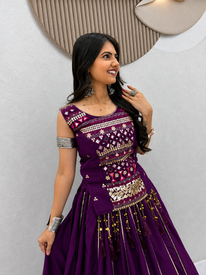 Purple Mirror Work Pure Cotton Lehenga Choli Set with Ribbon Work 4
