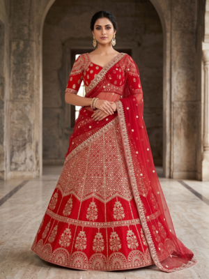 Red Bridal Lehenga Choli for Women with Heavy Embroidery & Dupatta 1