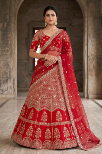 Red Bridal Lehenga Choli for Women with Heavy Embroidery & Dupatta