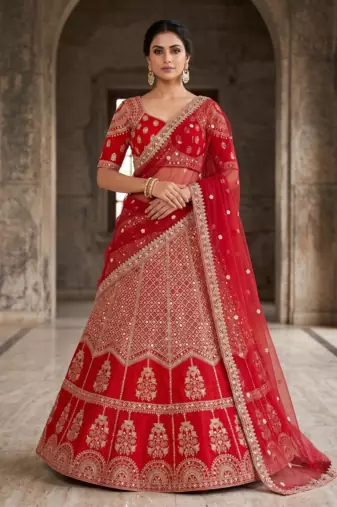 Red Bridal Lehenga Choli for Women with Heavy Embroidery & Dupatta