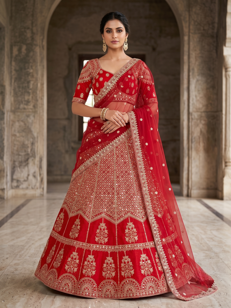 Red Bridal Lehenga Choli for Women with Heavy Embroidery & Dupatta