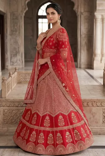 Red Bridal Lehenga Choli for Women with Heavy Embroidery & Dupatta