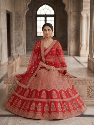 Red Bridal Lehenga Choli for Women with Heavy Embroidery & Dupatta 3