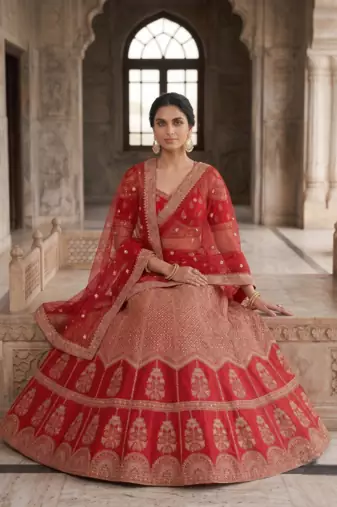 Red Bridal Lehenga Choli for Women with Heavy Embroidery & Dupatta