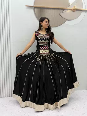 Black Mirror Work Pure Cotton Lehenga Choli Set with Ribbon Work 1