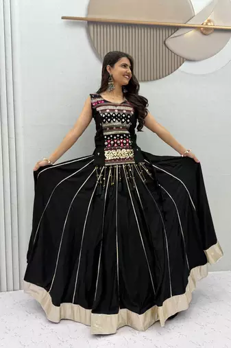 Black Mirror Work Pure Cotton Lehenga Choli Set with Ribbon Work