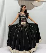 Black Mirror Work Pure Cotton Lehenga Choli Set with Ribbon Work
