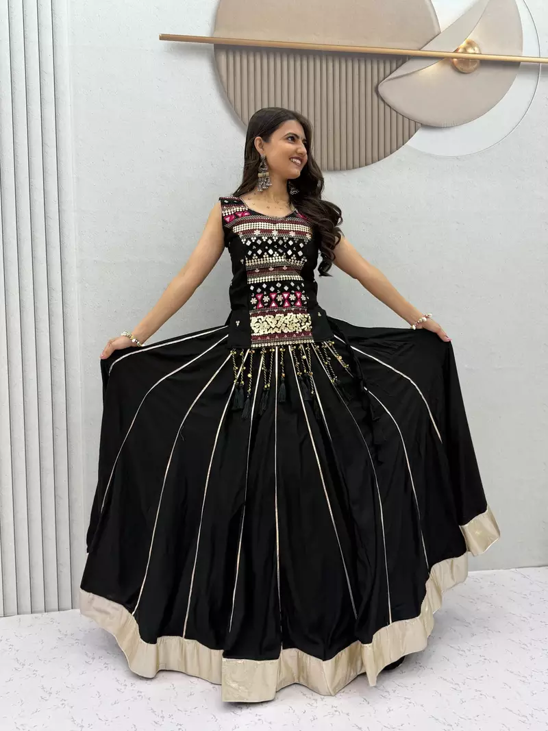 Black Mirror Work Pure Cotton Lehenga Choli Set with Ribbon Work