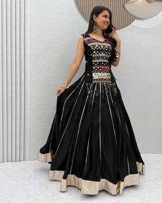 Black Mirror Work Pure Cotton Lehenga Choli Set with Ribbon Work 2