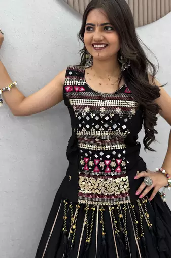 Black Mirror Work Pure Cotton Lehenga Choli Set with Ribbon Work